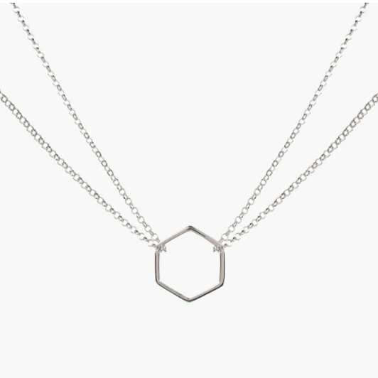 Double Chain Hexagon Necklace, Silver